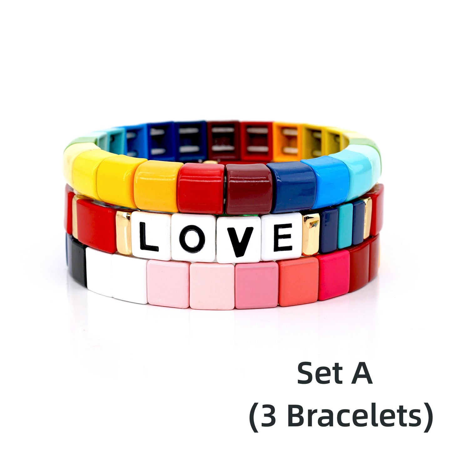 Rainbow Bracelets Set, Colorblock Enamel Tile Bead Bracelet