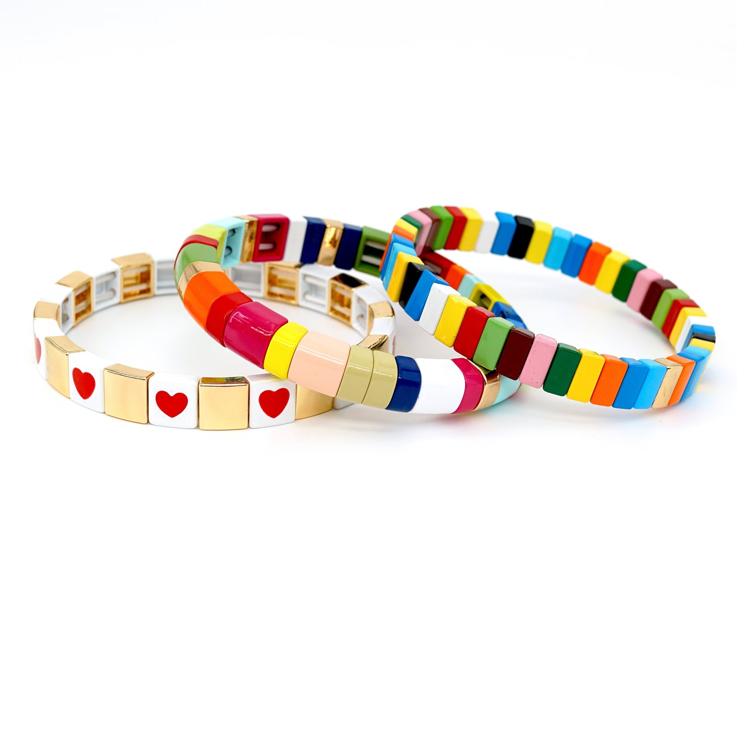 Colored Enamel Tile Bead Bracelets Set, Summer Boho Bracelets