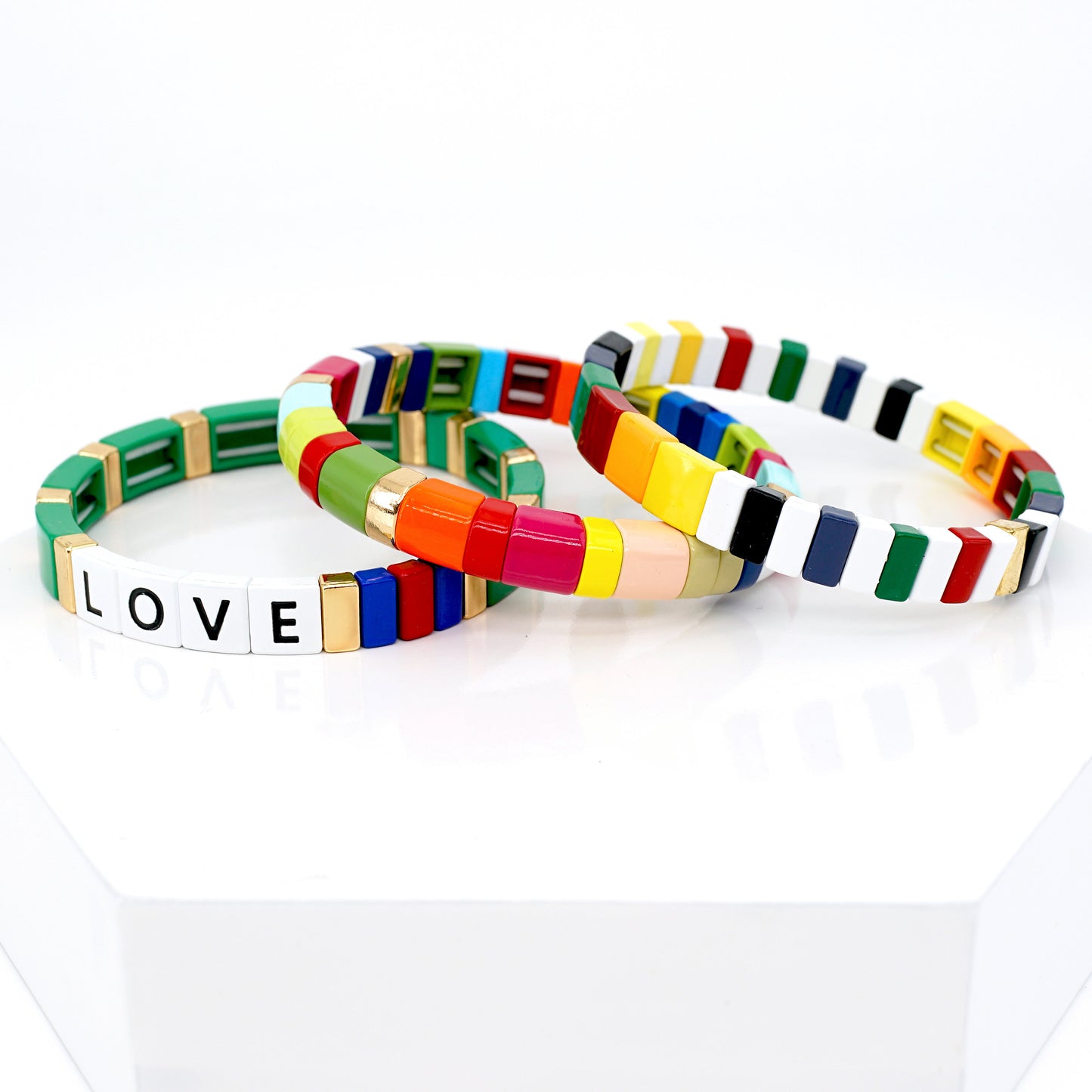 Rainbow Enamel Tile Bead Bracelets Set, Summer Colorblock Bracelet