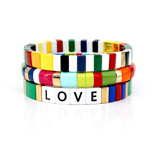 Rainbow Enamel Tile Bead Bracelets Set, Summer Colorblock Bracelet