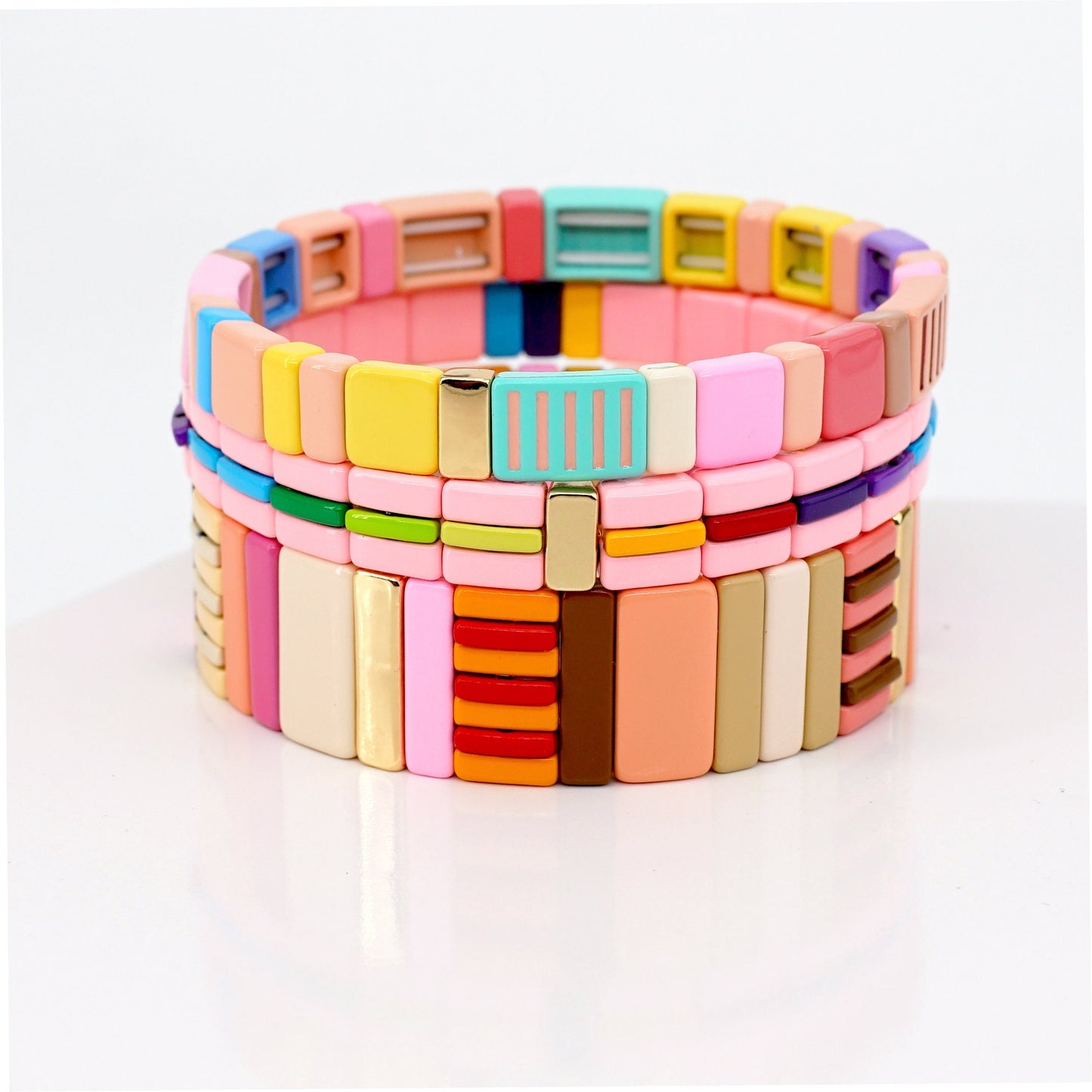 Pink Colorblock Enamel Tile Bead Bracelets Set