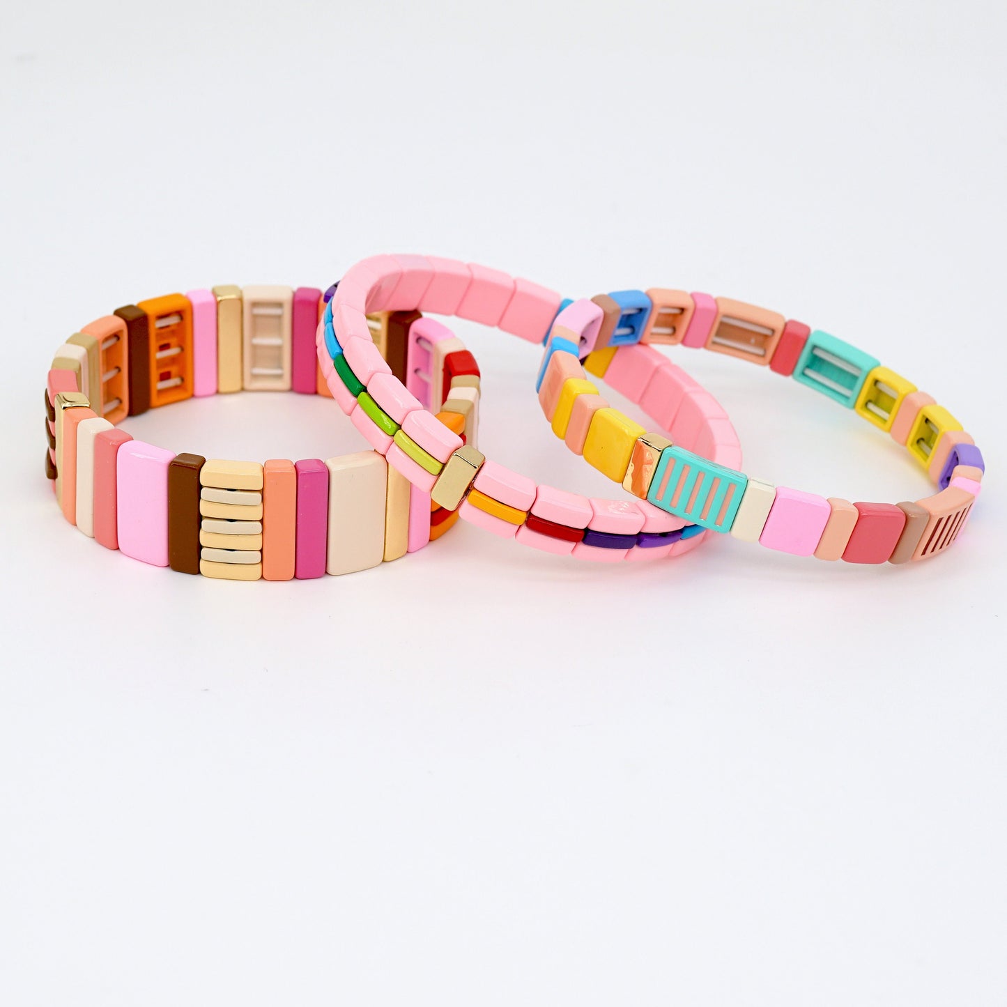 Pink Colorblock Enamel Tile Bead Bracelets Set