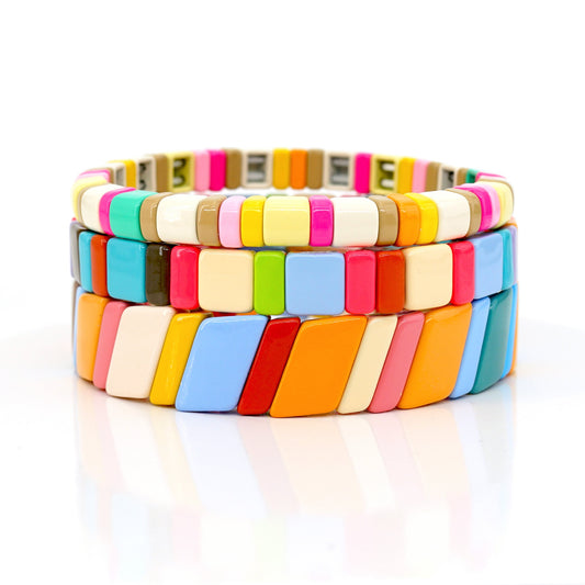 Macaron Color Enamel Tile Bead Bracelets Set, Boho Bracelet for Summer