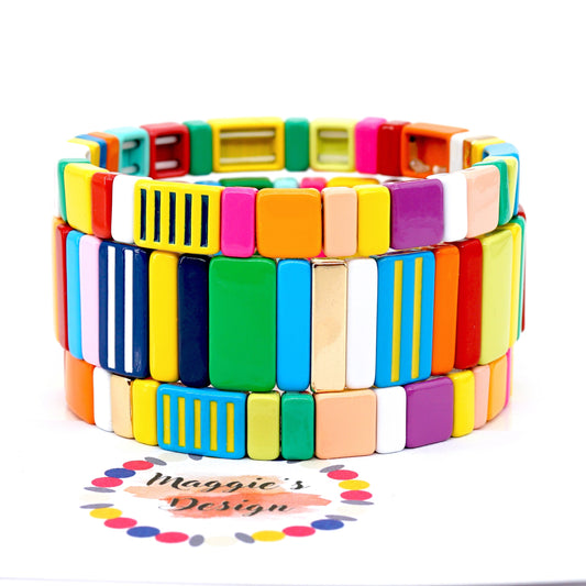 Enamel Tile Bead Colorblock Bracelets Set, Stacking Bracelet