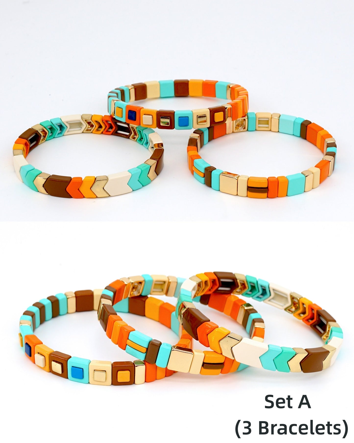 Maillard Color Enamel Tile Bead Bracelets Set, Stacking Bracelet