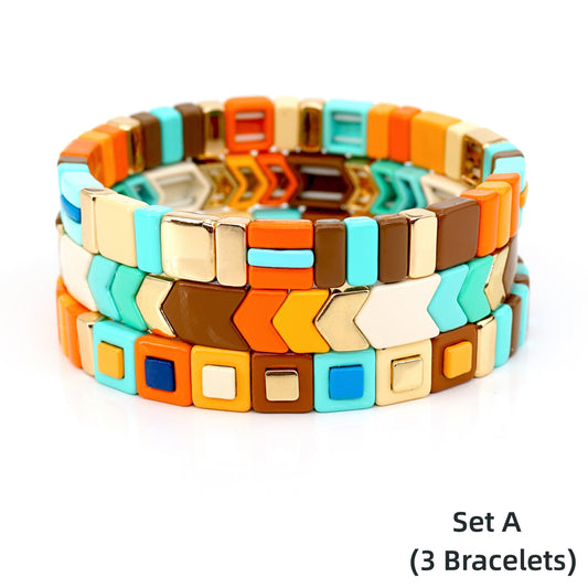 Maillard Color Enamel Tile Bead Bracelets Set, Stacking Bracelet